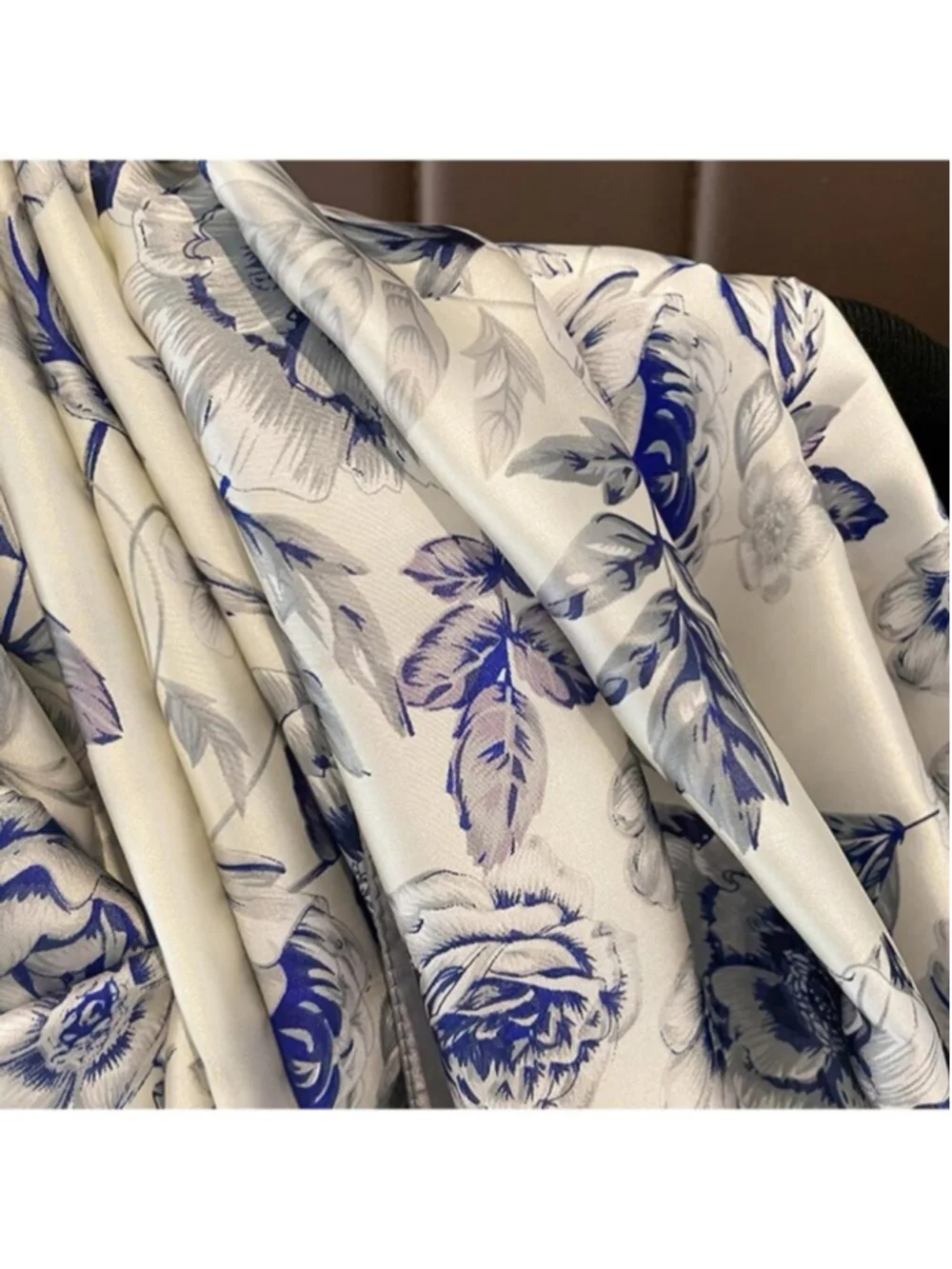 Women's Blue Lightweight Silk Like Scarves Flower Print Head Cotton Wrap Scarf